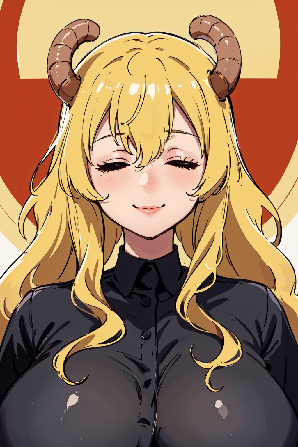 masterpiece, best quality, (detailed background), (beautiful detailed face), absurdres, highres, ultra detailed, masterpiece, best quality, wavy_hair, bright blonde hair, closed eyes, closed mouth, :}, smile, happy_face, teasing, tease, dragon_horns, black  shirt, gigantic breasts, <lora:EMS-17942-EMS:0.8>