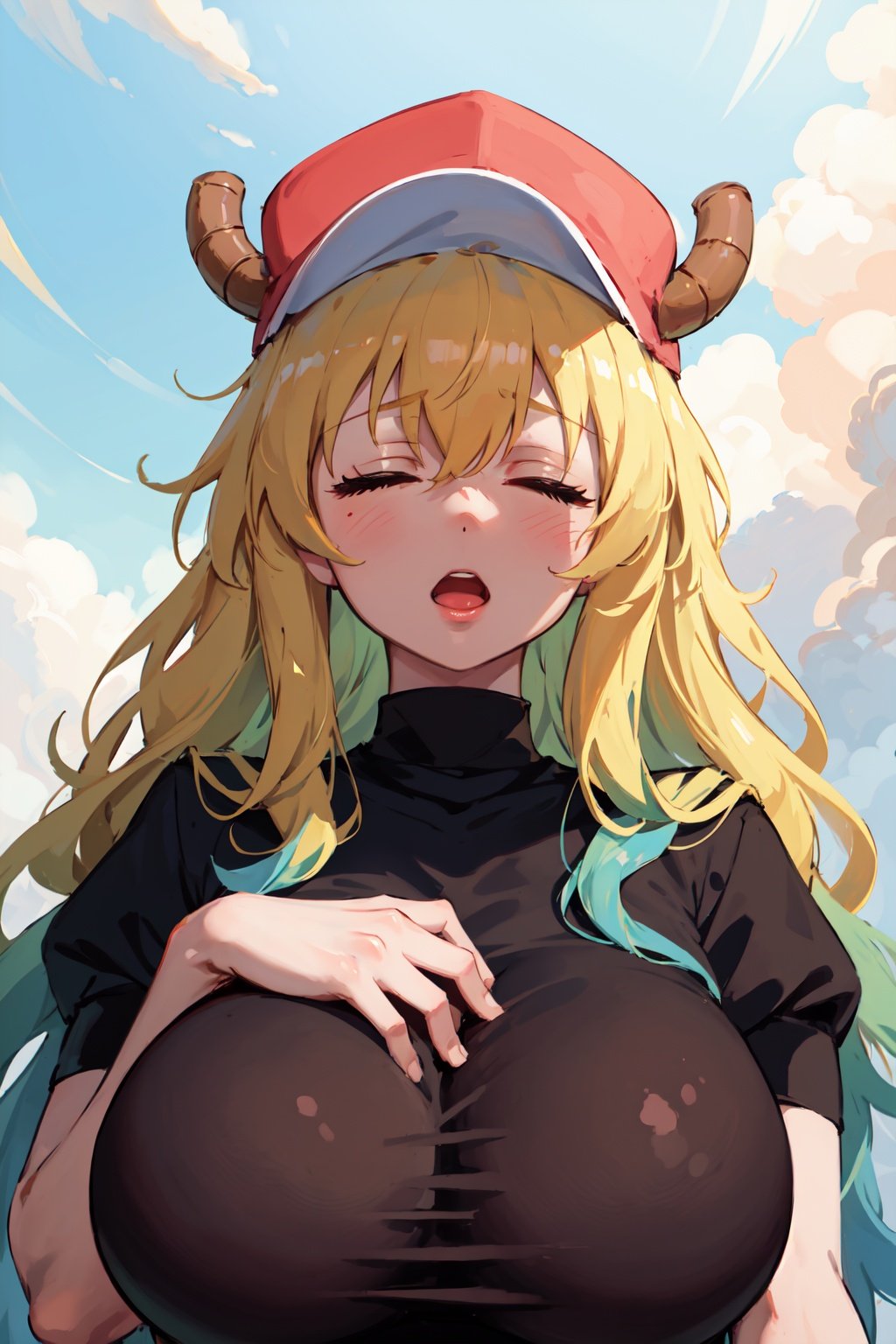 masterpiece, best quality, (detailed background), (beautiful detailed face), absurdres, highres, ultra detailed, masterpiece, best quality, wavy_hair,  bright yellow hair, closed eyes, closed mouth, :o, surprised, happy_face, teasing, tease, dragon_horns, black  shirt, gigantic breasts, baseball cap, hat, horns through headwear, one hand on breast, turquoise and green color at the hair ends