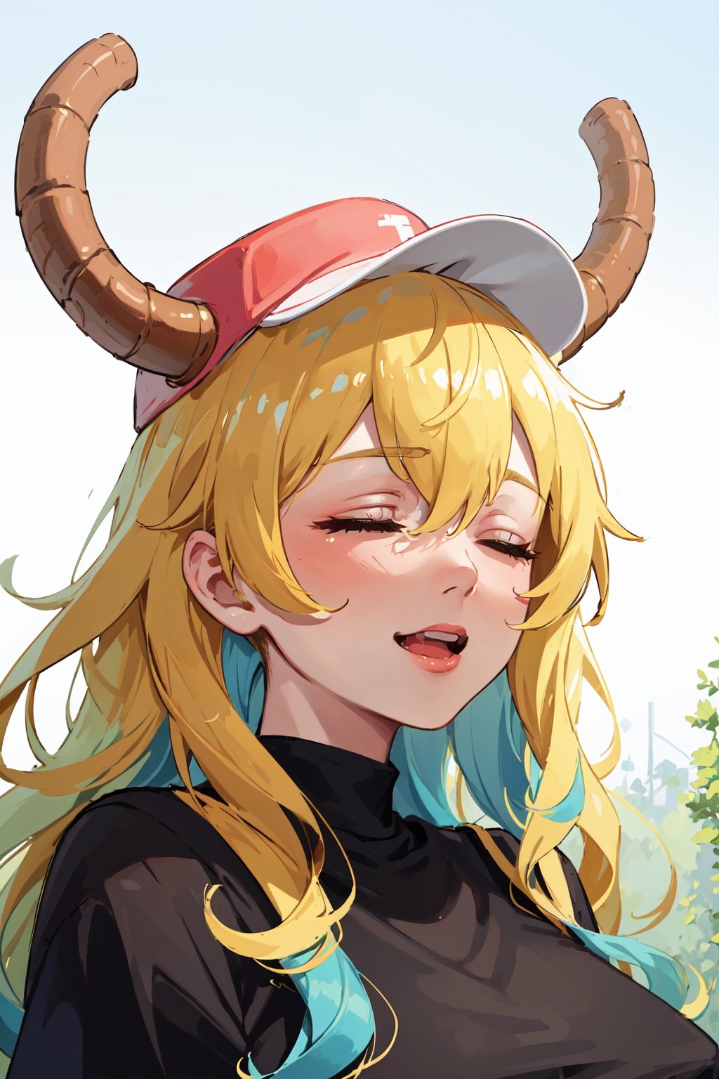 masterpiece, best quality, (detailed background), (beautiful detailed face), absurdres, highres, ultra detailed, masterpiece, best quality, wavy_hair, bright yellow hair, closed eyes, happy_face, teasing, tease, dragon_horns, black  shirt, gigantic breasts, baseball cap, hat, horns through headwear, turquoise and green color at the hair ends, <lora:EMS-17942-EMS:0.8>