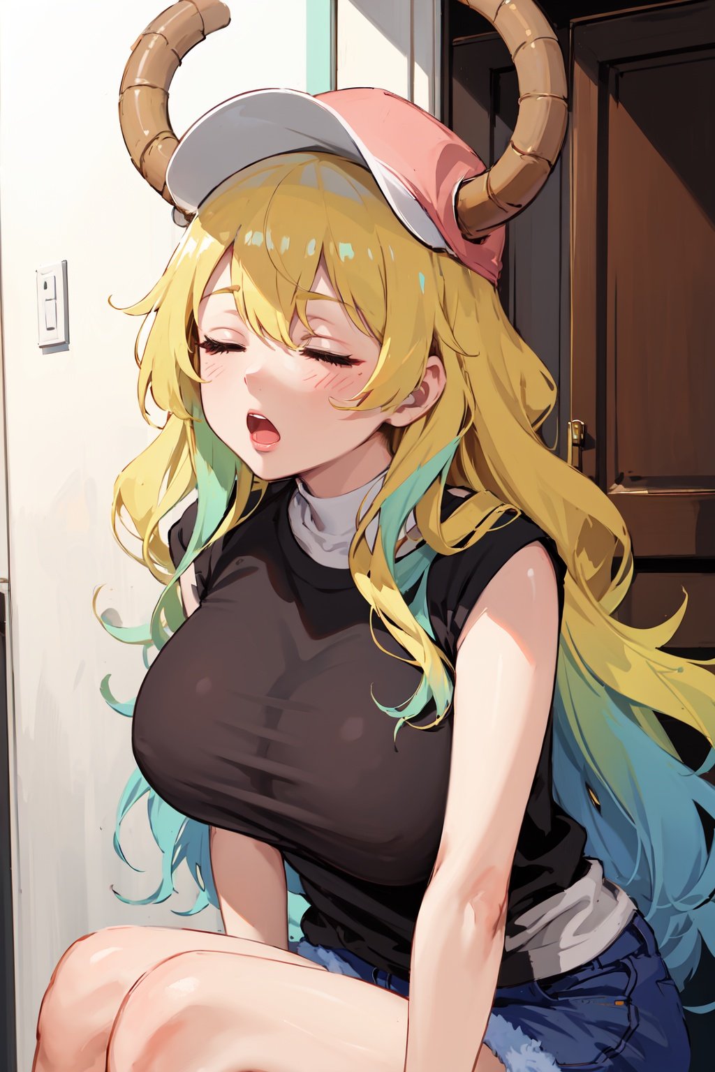 masterpiece, best quality, (detailed background), (beautiful detailed face), absurdres, highres, ultra detailed, masterpiece, best quality, wavy_hair, bright yellow hair, closed eyes, :o, surprised, happy_face, teasing, tease, dragon_horns, black  shirt, gigantic breasts, baseball cap, hat, horns through headwear, turquoise and green color at the hair ends, <lora:EMS-17942-EMS:0.8>