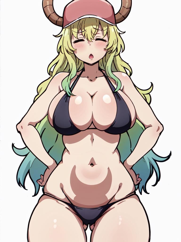 1girl, lucoa, solo, closed eyes, long hair, horns, baseball cap, hat, horns through headwear, bikini, navel, (contrapposto:1.2), hands on hips, thick thighs, simple background, <lora:lucoa-ALK:0.8>, :o, blush, cowboy shot, large breasts