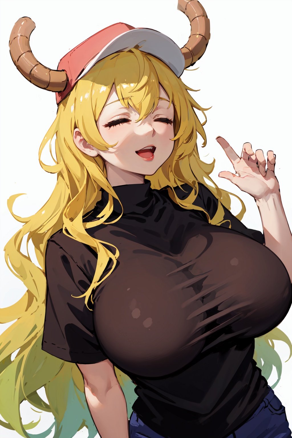 masterpiece, best quality, (detailed background), (beautiful detailed face), absurdres, highres, ultra detailed, masterpiece, best quality, wavy_hair, bright yellow hair, closed eyes, closed mouth, :o, smile, happy_face, teasing, tease, dragon_horns, black  shirt, gigantic breasts, baseball cap, hat, horns through headwear, one hand on breast, <lora:EMS-17942-EMS:0.8>