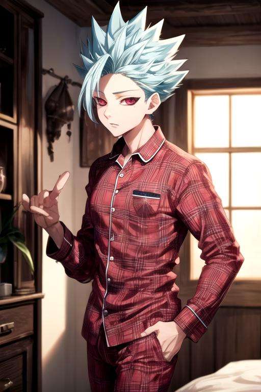 masterpiece, best quality, high quality, 1boy, solo, male focus, looking at viewer, , , <lora:ban_nanatsu_no_taizai:0.72>, ban_nanatsu_no_taizai, spiked hair, red eyes, blue hair, , pajamas