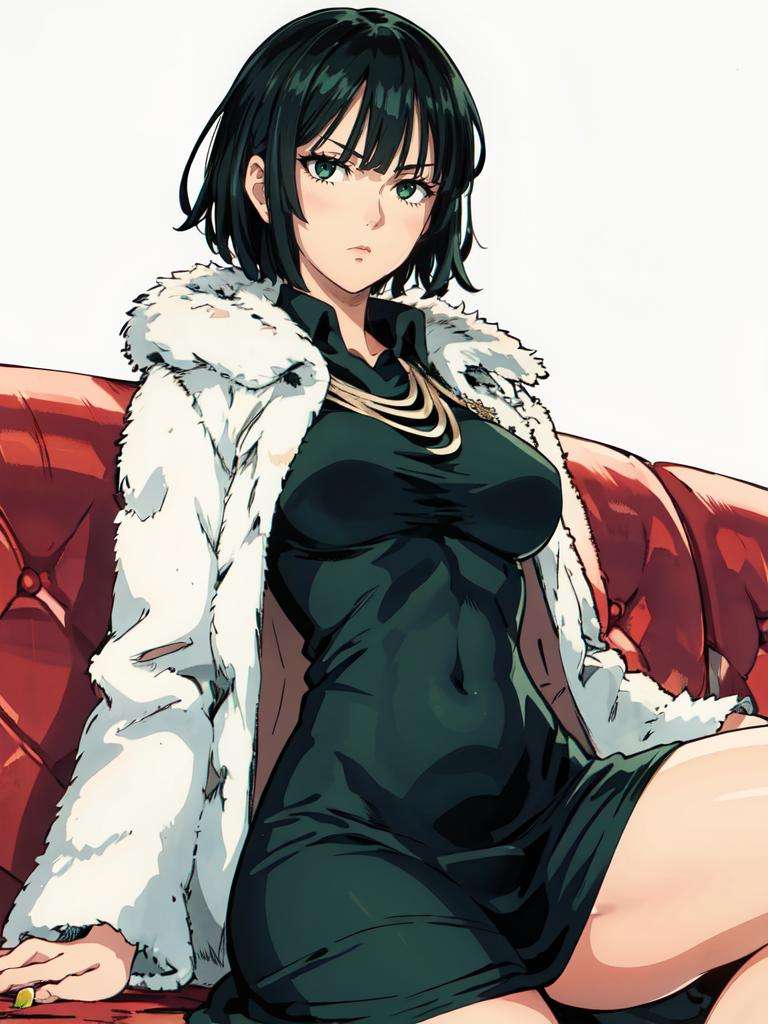 1girl, fubuki, solo, green eyes, short hair, cowboy shot, dress, fur trim, jewelry, sitting, spread legs, on sofa, expressionless, <lora:fubuki-ALK:0.8>, simple background, thick thighs