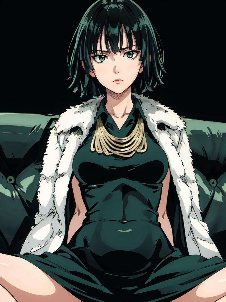 1girl, fubuki, solo, green eyes, short hair, cowboy shot, dress, fur trim, jewelry, sitting, (spread legs), on sofa, expressionless, <lora:fubuki-ALK:0.8>, simple background, thick thighs