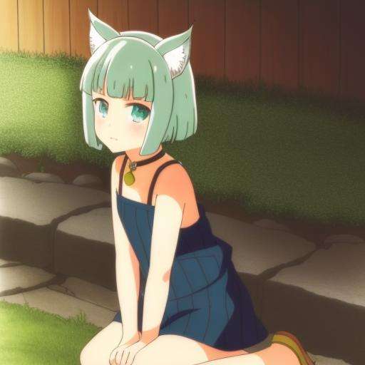 shironeko, ((shironeko)), 1girl, solo,  green eyes, green hair, short hair, animal ears, jewelry, kneeling, small body <lora:Shironeko:0.8>