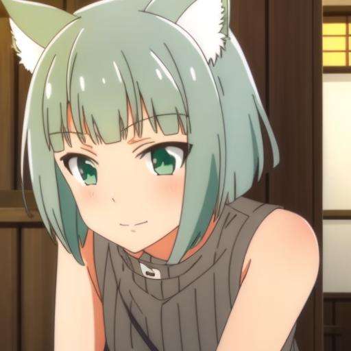 shironeko, ((shironeko)), 1girl, solo,  green eyes, green hair, smile, short hair, animal ears, jewelry, closed mouth, small body <lora:Shironeko:0.8>