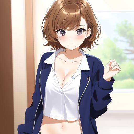 masterpiece, sora,  Sora_Tenjo, 1girl, solo, 1girl, bangs, blue_jacket, blush, breasts, brown_hair, cleavage, collarbone, jacket, looking_at_viewer, navel, open_clothes, shirt, short_hair, medium_breasts, solo, upper_body, white_shirt <lora:Sora_Tenjo:0.7>