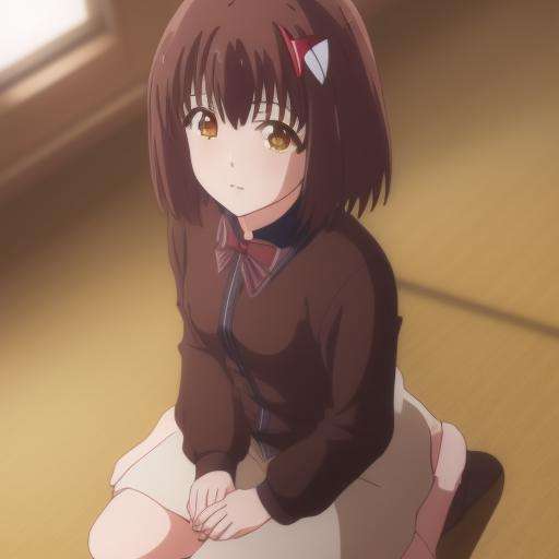 yuhi, masterpiece, 1girl, solo, brown hair, hair ornament, brown eyes,  anime coloring, kneeling, looking at viewer <lora:Yuhi-000014:0.9>