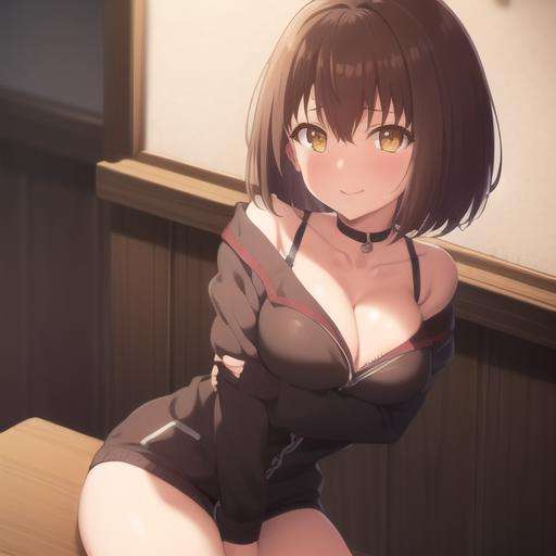 yuhi, ((yuhi)), 1girl, bangs, bare_shoulders, black_choker, blush, uniform, breasts, brown_eyes, brown_hair, choker, cleavage, collarbone, hair_between_eyes,  looking_at_viewer, short_hair, smile, solo, bent, no pants, on the bench<lora:Yuhi-000014:0.8>