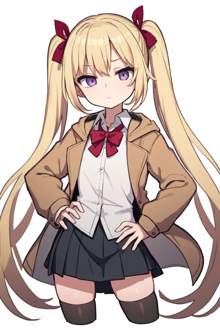 masterpiece, wagashi, 1girl, solo, twintails, purple eyes, blonde hair, simple background, white background, black thighhighs, hand on hip, closed mouth, hair bow, black skirt, pleated skirt, looking at viewer, very long hair, long sleeves, hood down, cropped legs, white shirt, collared shirt, open clothes, brown jacket, red bow, bangs, cowboy shot, hooded jacket, hoodie, dress shirt, miniskirt, open jacket