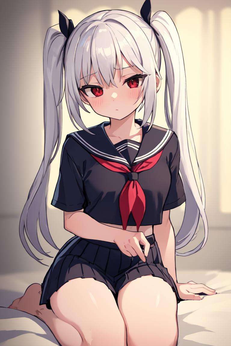 masterpiece, wagashi, 1girl, twintails, white hair, red eyes, serafuku