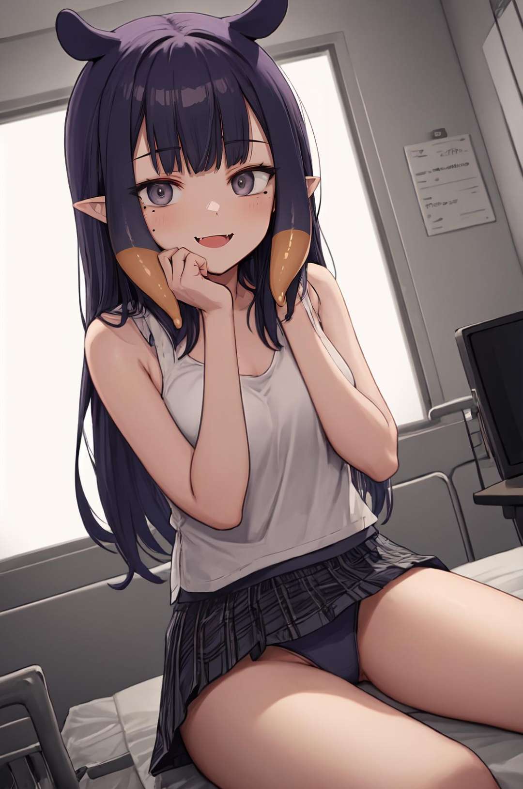 masterpiece, best quality, 1girl, solo, ninomae ina'nis, dark purple hair, tentacle hair, pointy ears, mole under eye, fang, grey eyes, (blue eyes:0.6), blunt bangs, small breasts, ghost white tank top, silver trim,  plaid skirt, star print bow panties, hospital, medical equipment, iv, emergency room, head rest, dutch angle, smile