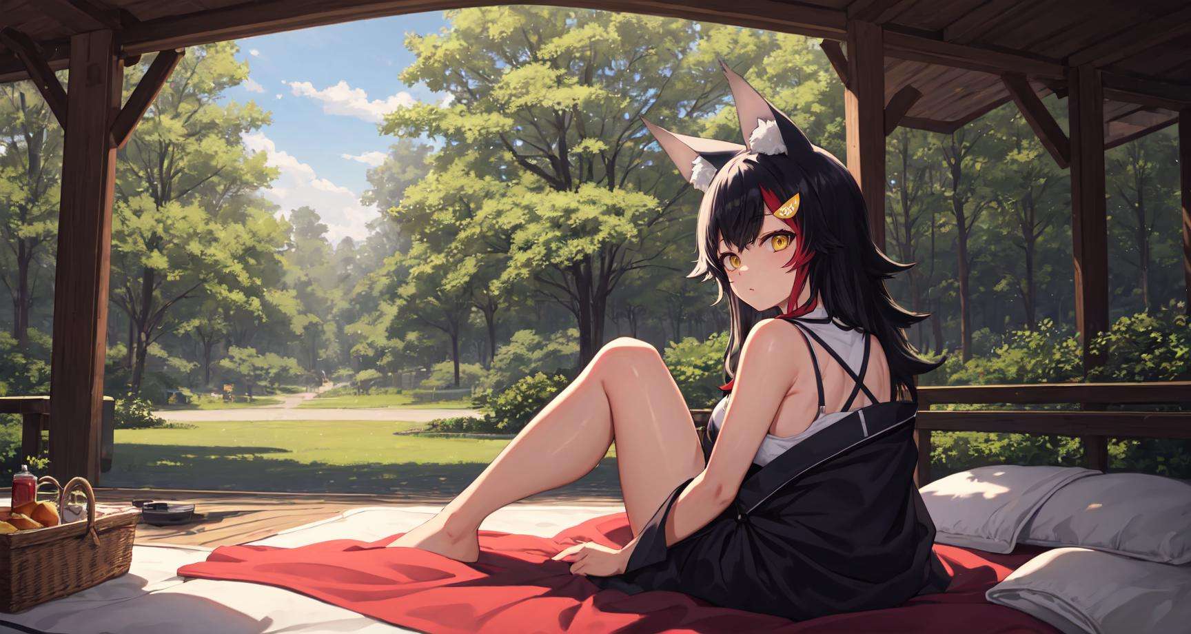 masterpiece, scenery, park, 1girl, solo, ookami mio, black hair, wolf ears, streaked hair, yellow eyes, flipped hair, spiked hair, sitting, blanket, picnic, looking at viewer