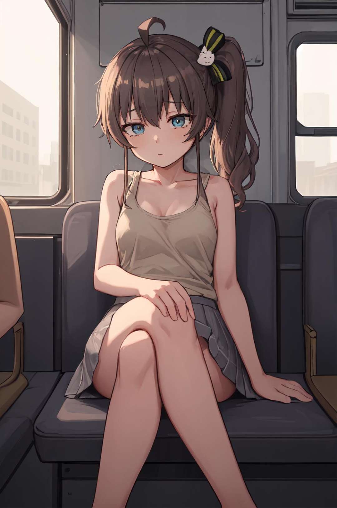 masterpiece, best quality, 1girl, solo, natsuiro matsuri, blue eyes, brown hair, petite, side ponytail, cat hair ornament, side ponytail, ahoge, lat chest, sandy brown tank top, flower trim, lightslate gray skirt,, hair ribbon, barefoot, on the bus, crowd, reclining, pov, tired