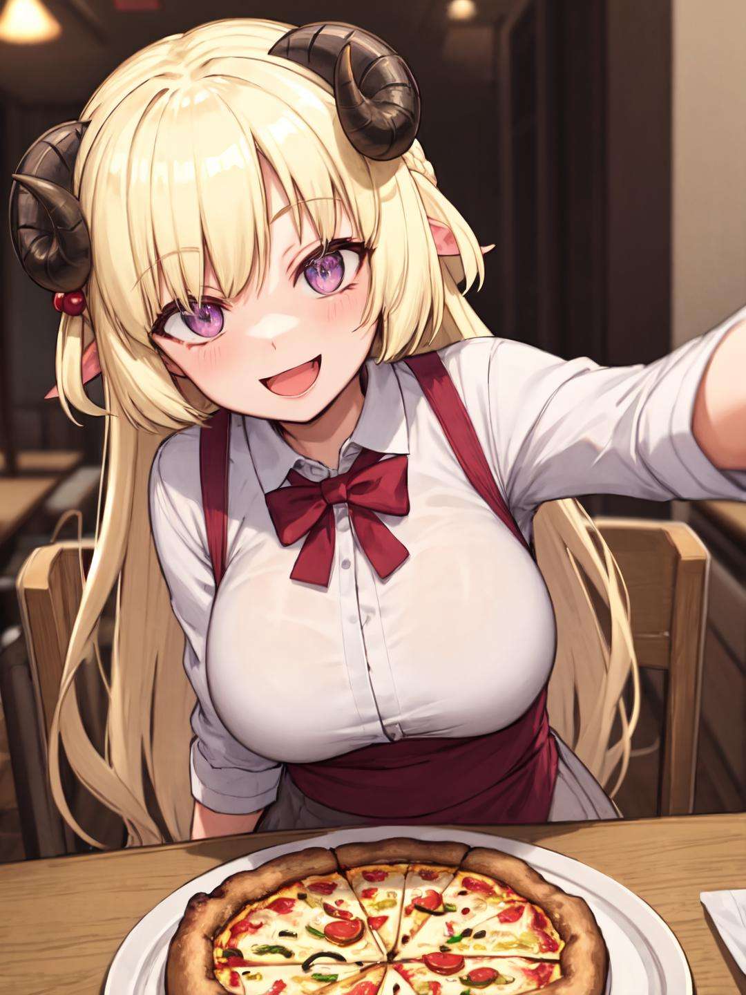 tsunomaki watame, purple eyes, blonde hair, long hair, sheep horns, sheep ears, half updo, large breasts, (smug:0.6), smile, restaurant, pov across table, sparkling eyes, excited, food, pizza, open mouth, drollBREAKmasterpiece, best quality