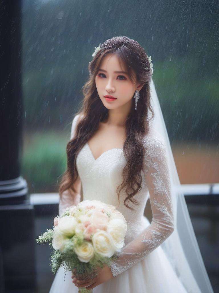 masterpiece, best quality, girl, long hair, looking at viewer, rain, wedding dress,<lora:sl_sila:0.8>