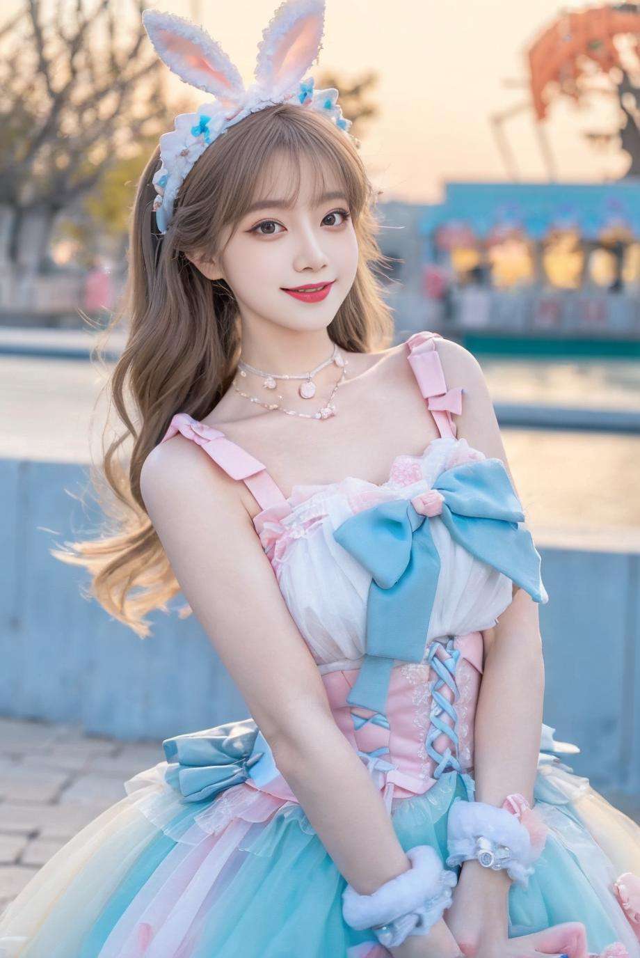 1girl, solo,mix4, (realistic:1.1), (photorealistic:1.1), (masterpiece:1.1), (best quality:1.1),  ultra detailed, looking at viewer, smile,sweet_lolita,standing , natural lighting, depth of field, (pureerosface_v1:0.8), amusement park in the background,(night),<lora:sweetLolita_REG:0.7> ,<lora:A_BaseFace_1_cuteGirlMix4_v10:0.6>  ,<lora:A_BaseFace_5_cuteAsianFace_v10:0.6>