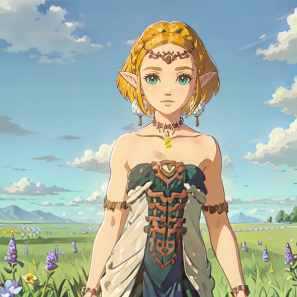 <lora:Zelda_TotK-09:.8>1girl,short hair,blonde hair,jewelry,earrings,pointy ears,bare shoulders,green eyes,strapless,bracelet,dress,strapless dress,circlet,collarbone, looking at viewer,blue sky,clouds, flower field, 