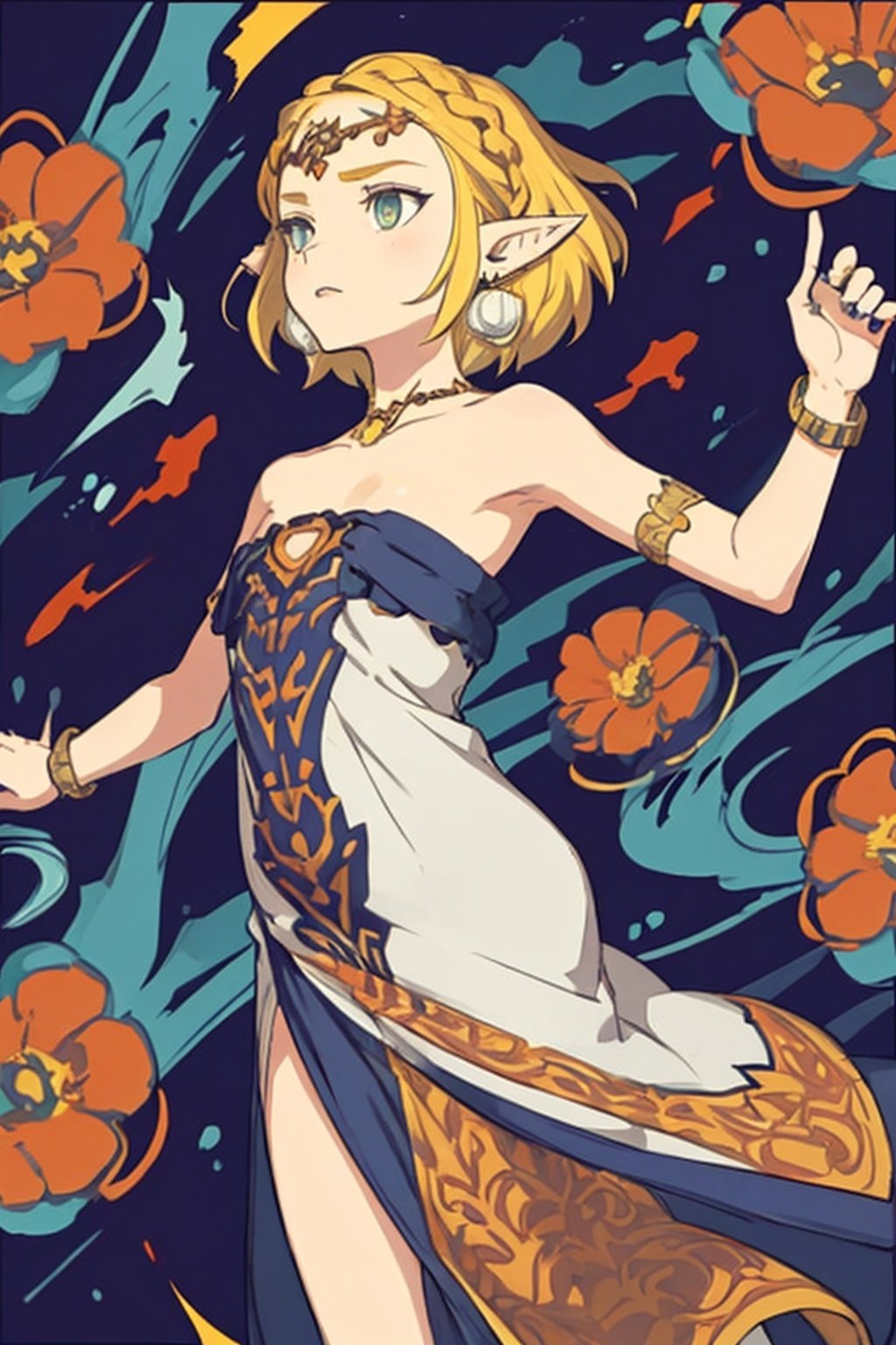 masterpiece, best quality, 1girl, flowers, ((flat color)), lineart, abstract, ornate, pattern, 

short hair,blonde hair,jewelry,earrings,pointy ears,bare shoulders, strapless,bracelet,dress,strapless dress,circlet,collarbone, loose dress, falling

