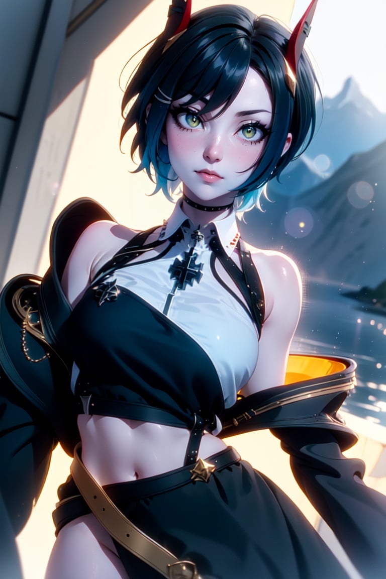 1girl, solo, (cowboy shot:1.2),ulrich von hutten \(azur lane\), horns, (gold eyes:1.2), (razor cut hair, blue hair, black hair),(masterpiece, best quality, ultra-detailed), (beautiful detailed face, beautiful detailed eyes, volumetric lighting), mksks style, (beautiful fjord, day, :1.5), (lens flare, chromatic aberration), 