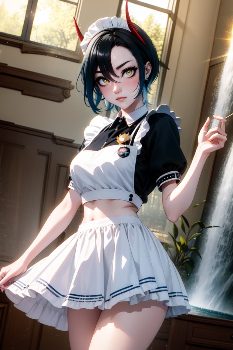 1girl, solo, (cowboy shot:1.2),ulrich von hutten \(azur lane\), horns, (gold eyes:1.4), (blue hair, black hair), navel,maid, maid headdress, maid apron, enmaided, (masterpiece, best quality, ultra-detailed), (beautiful detailed face, beautiful detailed eyes, volumetric lighting), mksks style, (indoors, beautiful waterfall, day, sun, :1.5), (lens flare, chromatic aberration), 