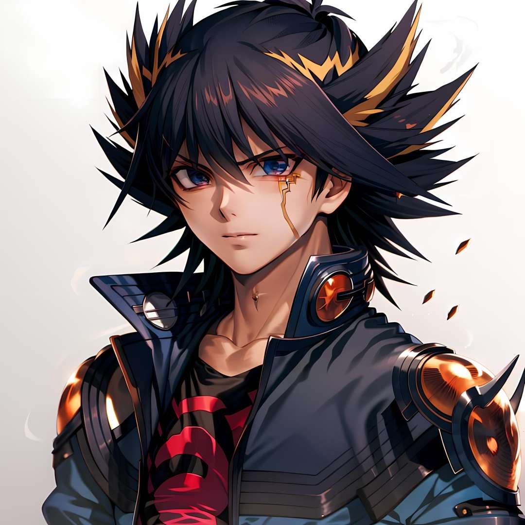 ((masterpiece, best quality)),(complex light),1boy, solo , Yusei Fudo, black hair, simple background,  <lora:yusei_fudo1-10:1>