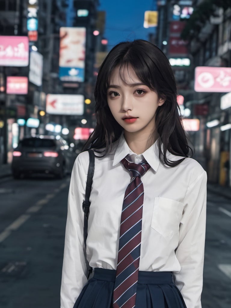 (8k, RAW photo, best quality, masterpiece:1.3),(realistic,photo-realistic:1.37),(night),(looking at viewer:1.331),(white hair),posing,Tokyo street,nightcityscape, , cyberpunk city,soft light,1girl,extremely beautiful face,bust,put down hands,Random hairstyle,Random expression,big eyes, ,lower abdomen,(short-sleeved JK_shirt),JK_style,(dark blue JK_skirt) ,(bow JK_tie)