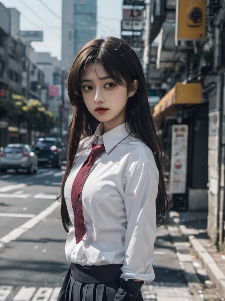 (8k, RAW photo, best quality, masterpiece:1.3),(realistic,photo-realistic:1.37),(night),(looking at viewer:1.331),(white hair),posing,Tokyo street,nightcityscape, , cyberpunk city,soft light,1girl,extremely beautiful face,bust,put down hands,Random hairstyle,Random expression,big eyes, ,lower abdomen,(short-sleeved JK_shirt),JK_style,(dark blue JK_skirt) ,(bow JK_tie)