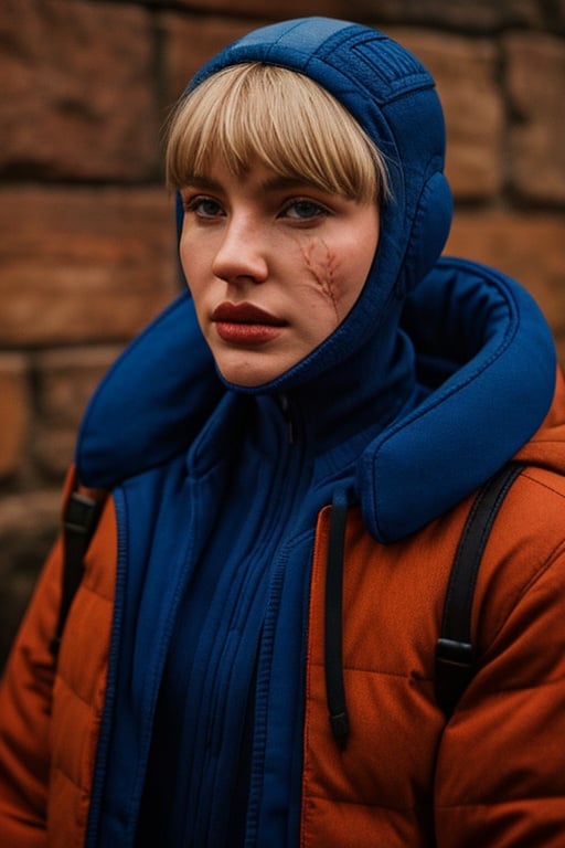 hooded bodysuit, bodysuit, white bodysuit, hood, jacket, orange jacket, gloves, knee pads, hooded jacket, blue gloves, ribbed bodysuit, blue bodysuit, thigh strap, cable, blue headwear, bangs, blonde hair, blue eyes, scar, scar on face, scar on cheek, burn scar, wattson (apex legends),wattson (apex legends)