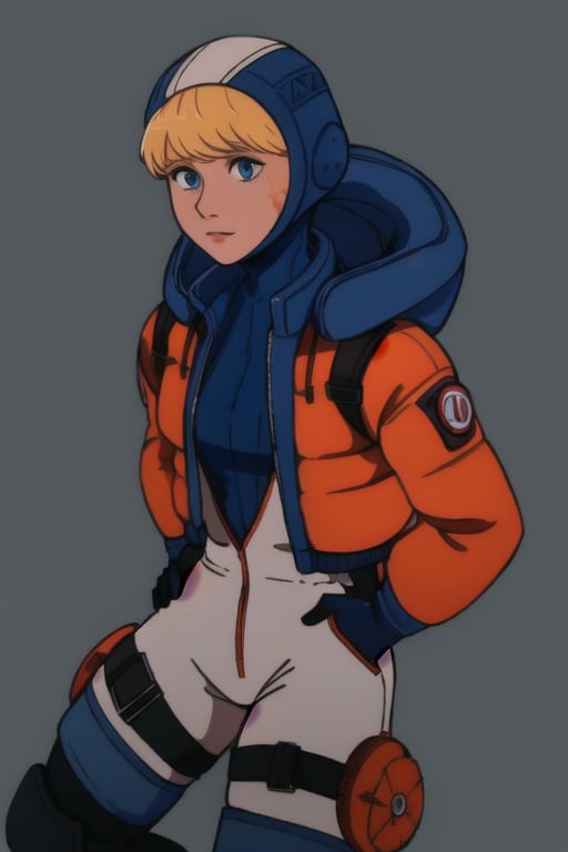 bangs, blonde hair, blue eyes , hooded bodysuit, bodysuit, white bodysuit, hood, jacket, orange jacket, gloves, knee pads, hooded jacket, blue gloves, ribbed bodysuit, blue bodysuit, thigh strap, cable, blue headwear , scar, scar on face, scar on cheek, burn scar  , wattson (apex legends)