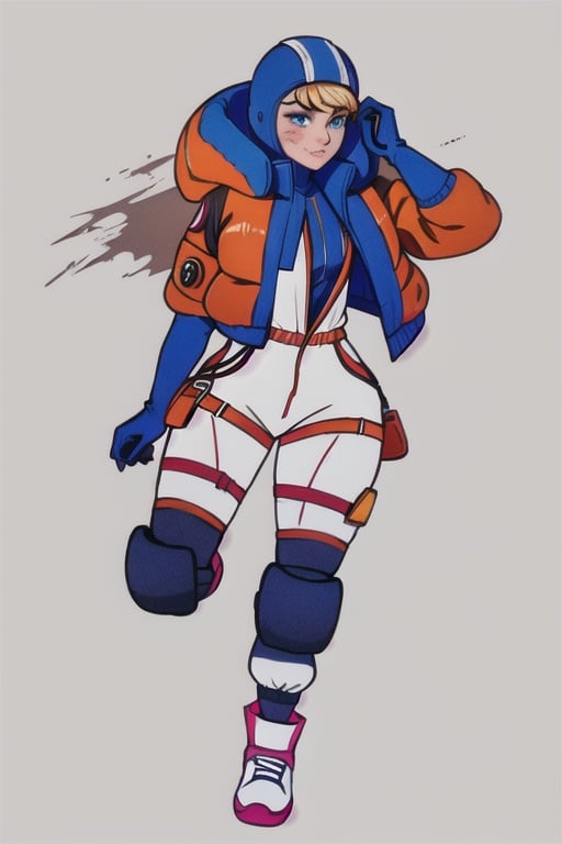 hooded bodysuit, bodysuit, white bodysuit, hood, jacket, orange jacket, gloves, knee pads, hooded jacket, blue gloves, ribbed bodysuit, blue bodysuit, thigh strap, cable, blue headwear, bangs, blonde hair, blue eyes, scar, scar on face, scar on cheek, burn scar, wattson (apex legends),wattson (apex legends)