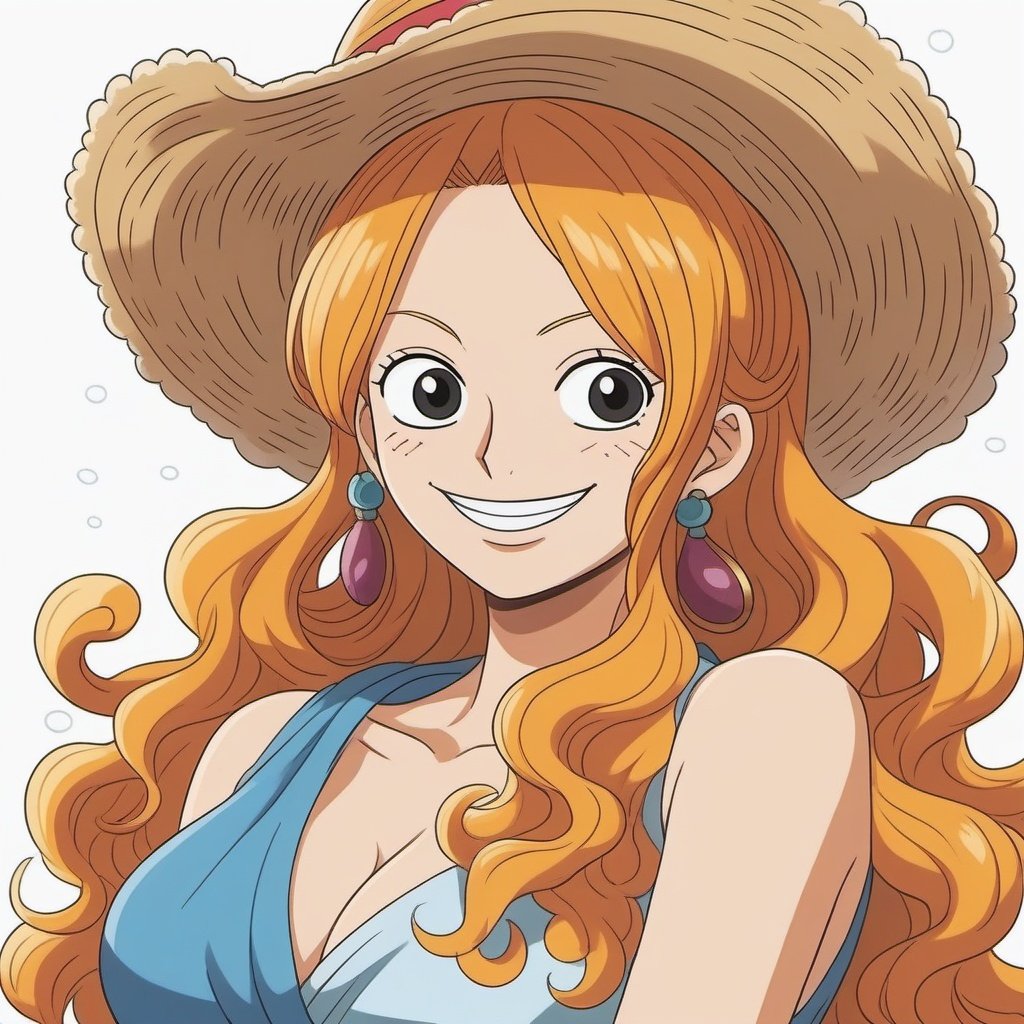 masterpiece,top quality,best quality,official art,beautiful and aesthetic,1girl,grin,blond_haired_person,person_curly_hair,nami \(one piece\),<lora:nami:0.4>,