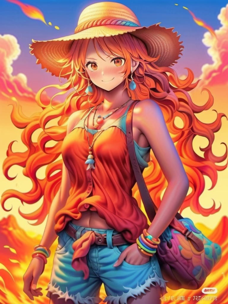 1girl, bag, bare_shoulders, bead_bracelet, beads, bracelet, breasts, brown_eyes, closed_mouth, cowboy_shot, earrings, fire, gradient, gradient_background, handbag, hat, jewelry, long_hair, looking_at_viewer, medium_breasts, orange_eyes, orange_hair, orange_sky, shirt, sleeveless, smile, solo, straw_hat, sun_hat, sunset, tank_top, wavy_hair