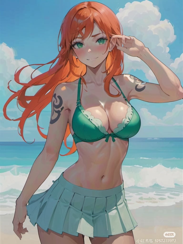 1girl, arm_tattoo, bangs, bare_shoulders, beach, between_breasts, bikini, blue_sky, blush, body_writing, breast_tattoo, breasts, cleavage, cloud, cloudy_sky, collarbone, command_spell, cowboy_shot, day, green_bikini, green_eyes, horizon, large_breasts, leg_tattoo, long_hair, looking_at_viewer, medium_breasts, navel, number_tattoo, ocean, orange_hair, outdoors, pleated_skirt, pubic_tattoo, sand, shore, shoulder_tattoo, skirt, sky, smile, solo, stomach, swimsuit, tattoo, thighs, water, wet