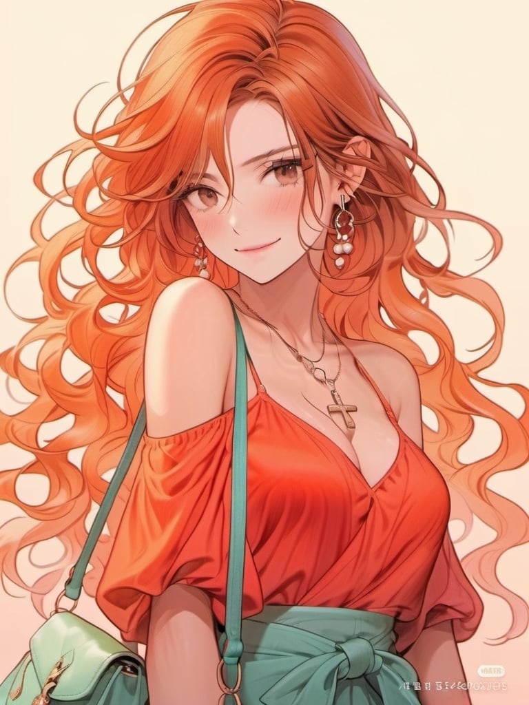 1girl, artist_name, bag, bangs, bare_shoulders, blush, bow, breasts, brown_eyes, cleavage, closed_mouth, collarbone, cross, cross_earrings, cross_necklace, dress, earrings, eyebrows_visible_through_hair, gradient, gradient_background, handbag, hoop_earrings, jewelry, long_hair, long_sleeves, looking_at_viewer, medium_breasts, messy_hair, necklace, off_shoulder, orange_hair, parted_bangs, pearl_necklace, red_shirt, shirt, shoulder_bag, skirt, smile, solo, upper_body, very_long_hair, wavy_hair