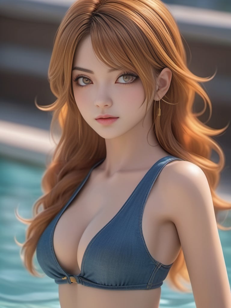 nikon RAW photo,8 k,Fujifilm XT3,masterpiece,best quality,realistic,photorealistic,ultra detailed,extremely detailed face,solo,Amazing,finely detail,ultra realistic details,sharp focus,highres,detailed skin,with soft lighting,real face,real skin,nice eyes,1girl,<lora:nami:0.6>,upper body,swimwear underwear,jeans,sexy,