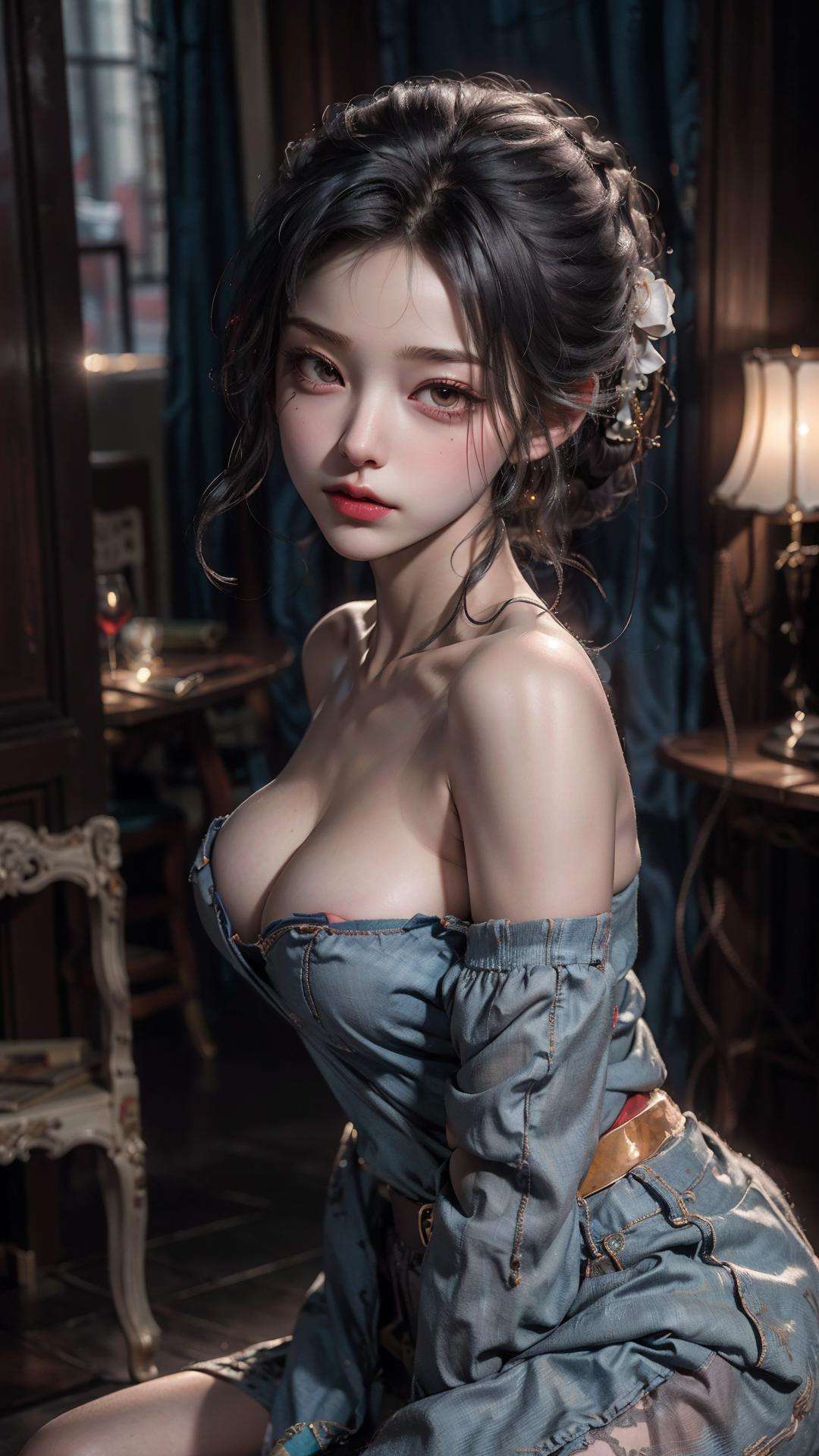 (best quality, masterpiece, ultra high resolution),(photorealistic:1.37), (immersive atmosphere, chiaroscuro:1.5,bright light:1.2,luminous lighting),1girl, cute,slim,(pale skin,shiny skin), (looks at the viewer), very long hair,  (medium breasts:1.3), top fashion, detailed clothes, lace, sleepwear, black pantyhose,night,(Floor-to-ceiling windows, city),<lora:OC:0.4>, <lora:perfectpantyhose:0.65>,<lora:add_detail:0.45>, <lora:LowRA:0.4>  <lora:tutu_20230529005224-000004:0.6> 