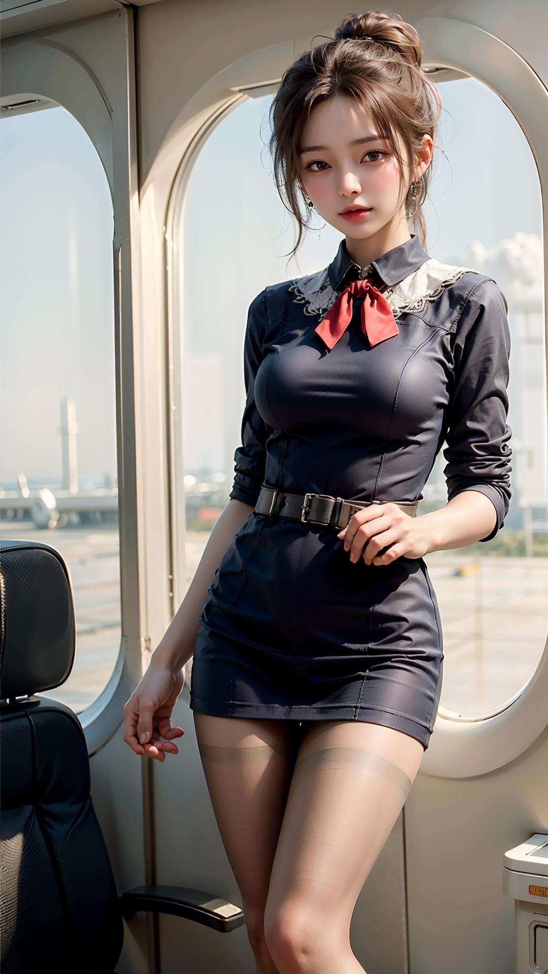 (best quality, masterpiece, intricate details:1.4), 1 girl, solo, (korean mixed, kpop idol:1.2), pale skin,looking at viewer, facing front, medium breasts, slim, (airplane interior:1.2), stewardess, (stewardess uniform:1.3), ((pantyhose)), high heel, perfect face, red lips, mature female, makeup,<lora:tutu_20230530092930-000005:0.6> <lora:OC:0.4>  <lora:add_detail:0.5>