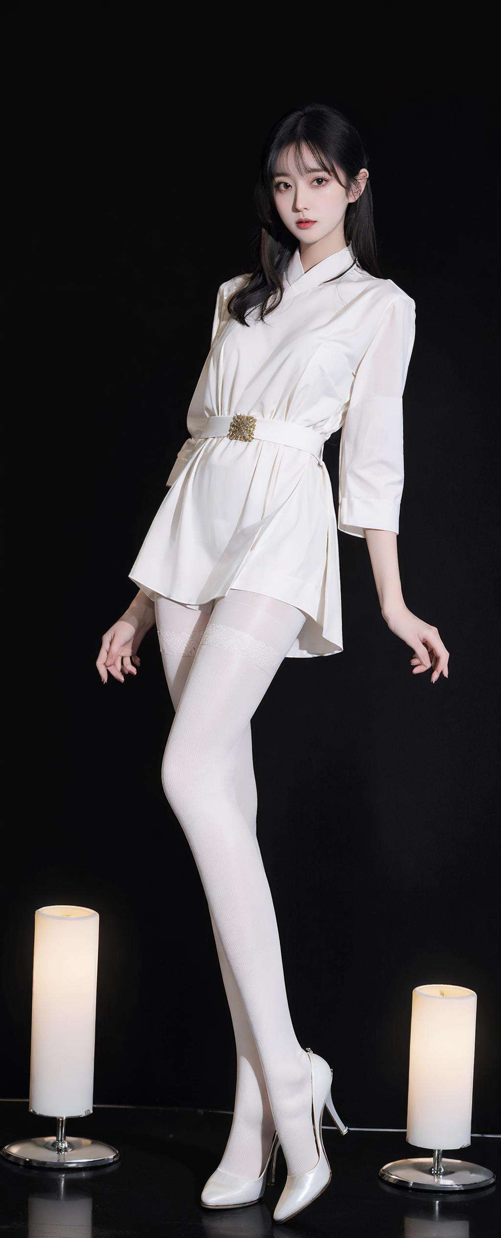 1girl,moyou,black background,full body, ((white pantyhose)),japanese clothes, high heels, <lora:40D_vertical_stripe_white_pantyhose:1>