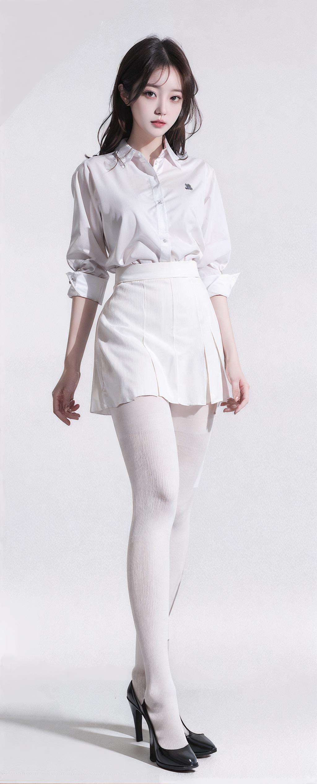 1girl,moyou,white background,full body, white pantyhose,skirt, shirt, <lora:40D_vertical_stripe_white_pantyhose:1>