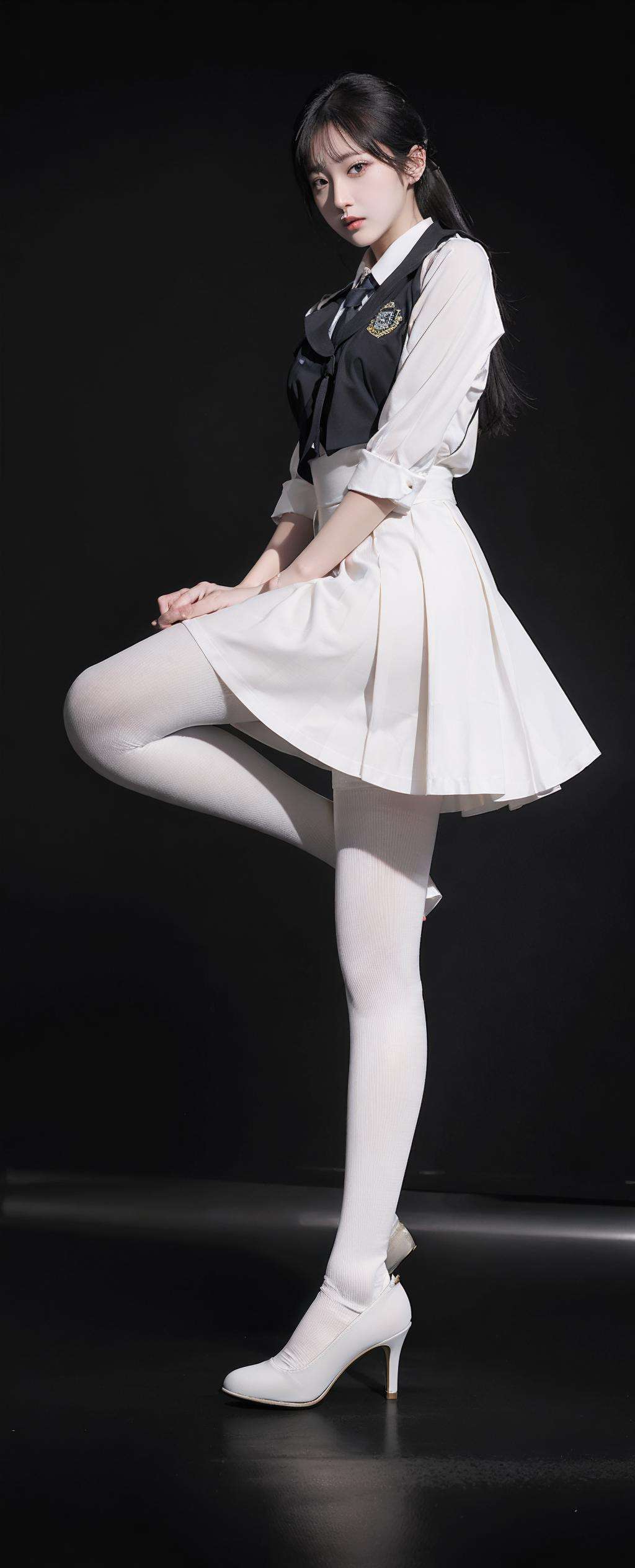 1girl,moyou,black background,full body, ((white pantyhose)),school uniform, high heels, <lora:40D_vertical_stripe_white_pantyhose:1>