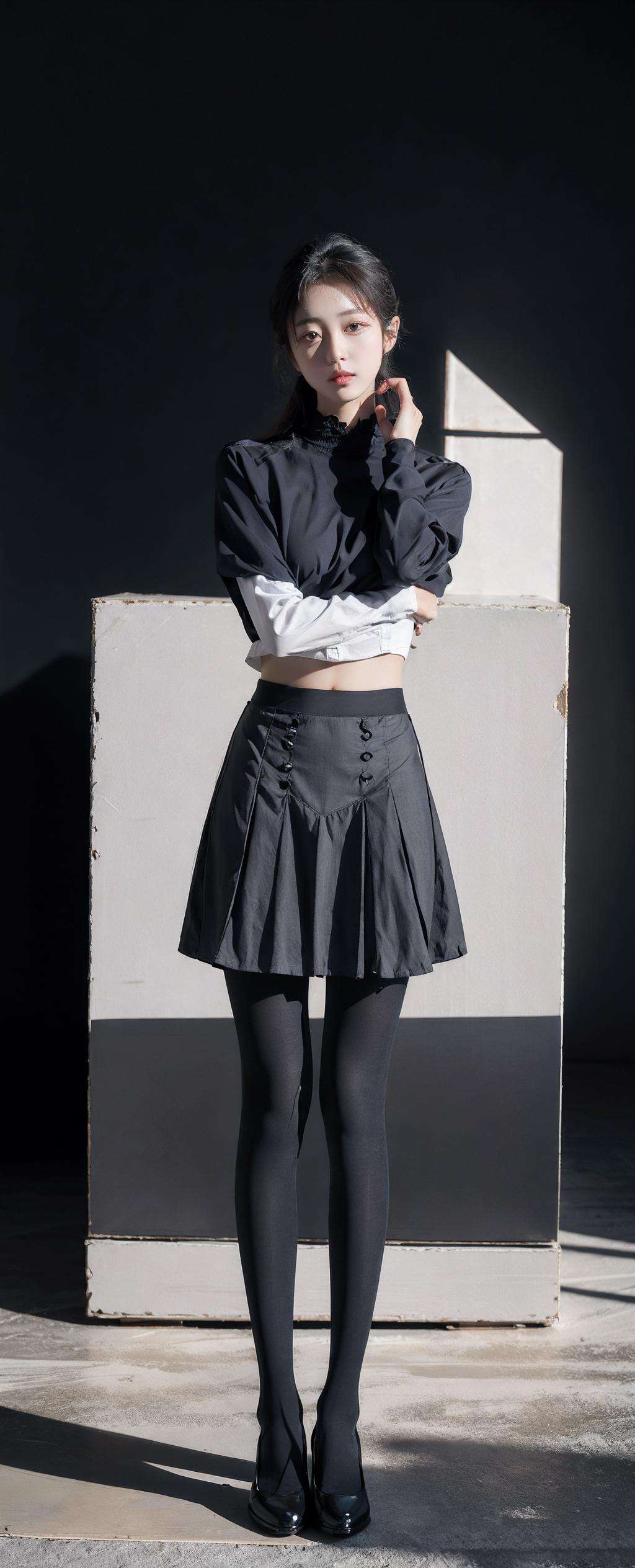 1girl,moyou,black background,(full body:1.3),shirt, skirt, 40d grey pantyhose, <lora:40d_grey_pantyhose-004:0.8>