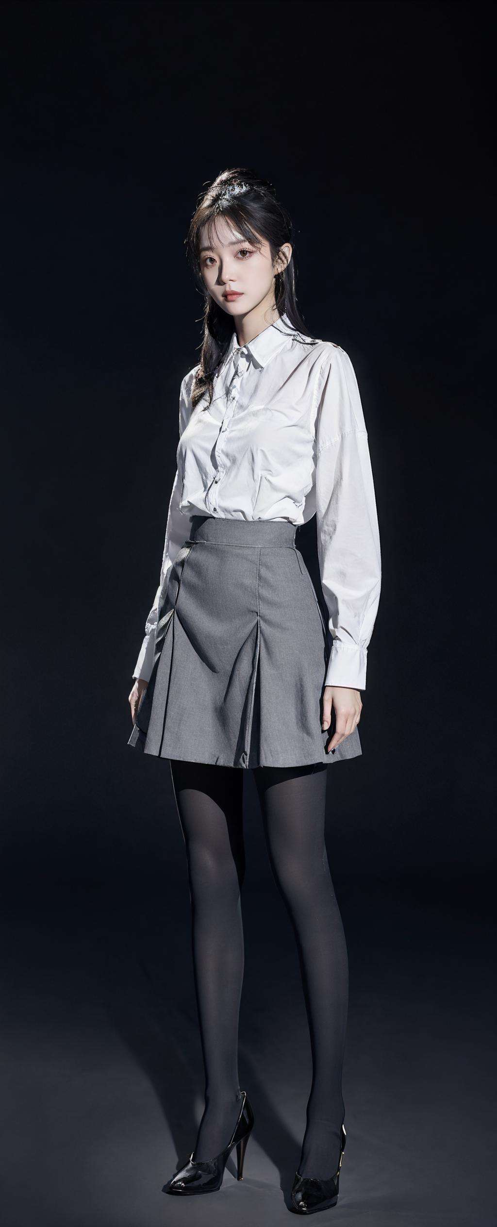 1girl,moyou,black background,(full body),shirt, skirt, 40d grey pantyhose,<lora:40d_grey_pantyhose-004:1.1>