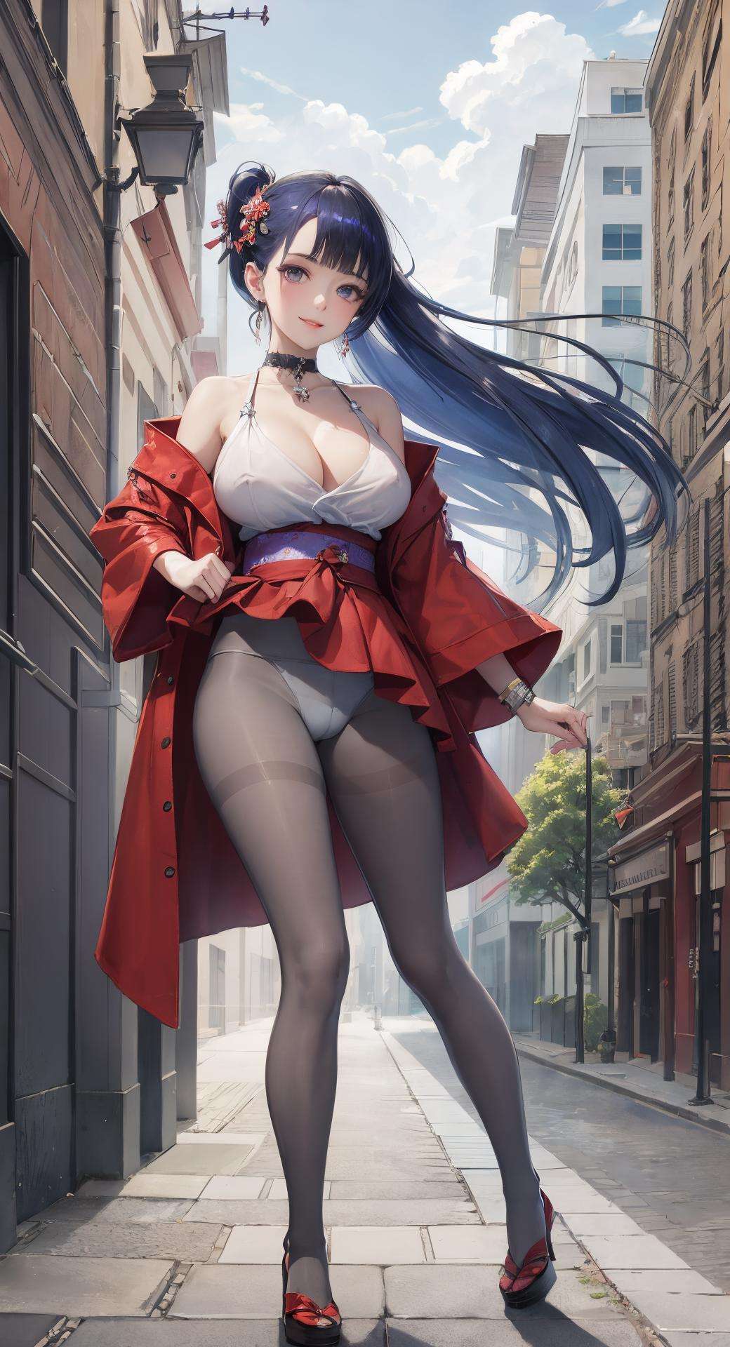 stlouis,side ponytail, red kimono skirt, blue hair, purple eyes, fur, smile,(huge breasts:1.2,) upper body, from below,  cameltoe,  white panties,jewelry, hands on chest,see-through, looking at viewer,  hair ornament, choker, shy,(masterpiece, top quality, best quality, official art, beautiful and aesthetic:1.2), (1 girl), extreme detailed,  colorful, highest detailed,city,street, leaning,  wall, sun, cloud,((40d grey pantyhose)),grey pantyhose,pantyhose,  <lora:40d_grey_pantyhose-001:0.8>