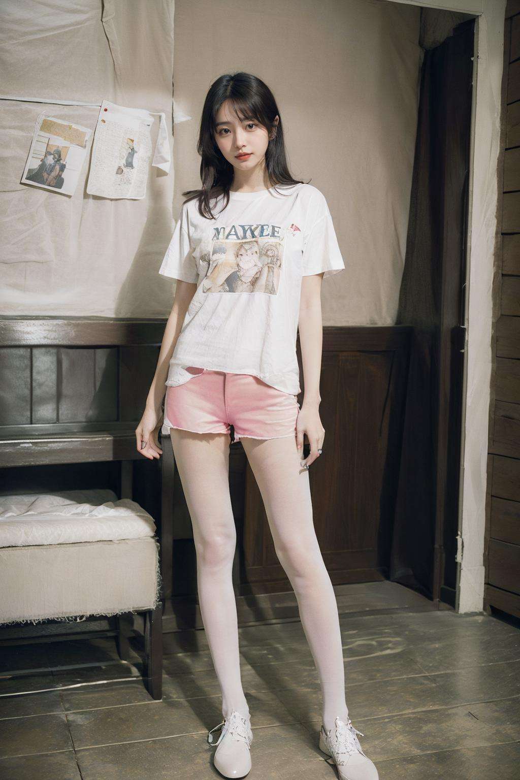 1girl,moyou,full body,tutuwl,<lora:tutuwl:1.5>,smile,(long legs:1.4),T-shirt,