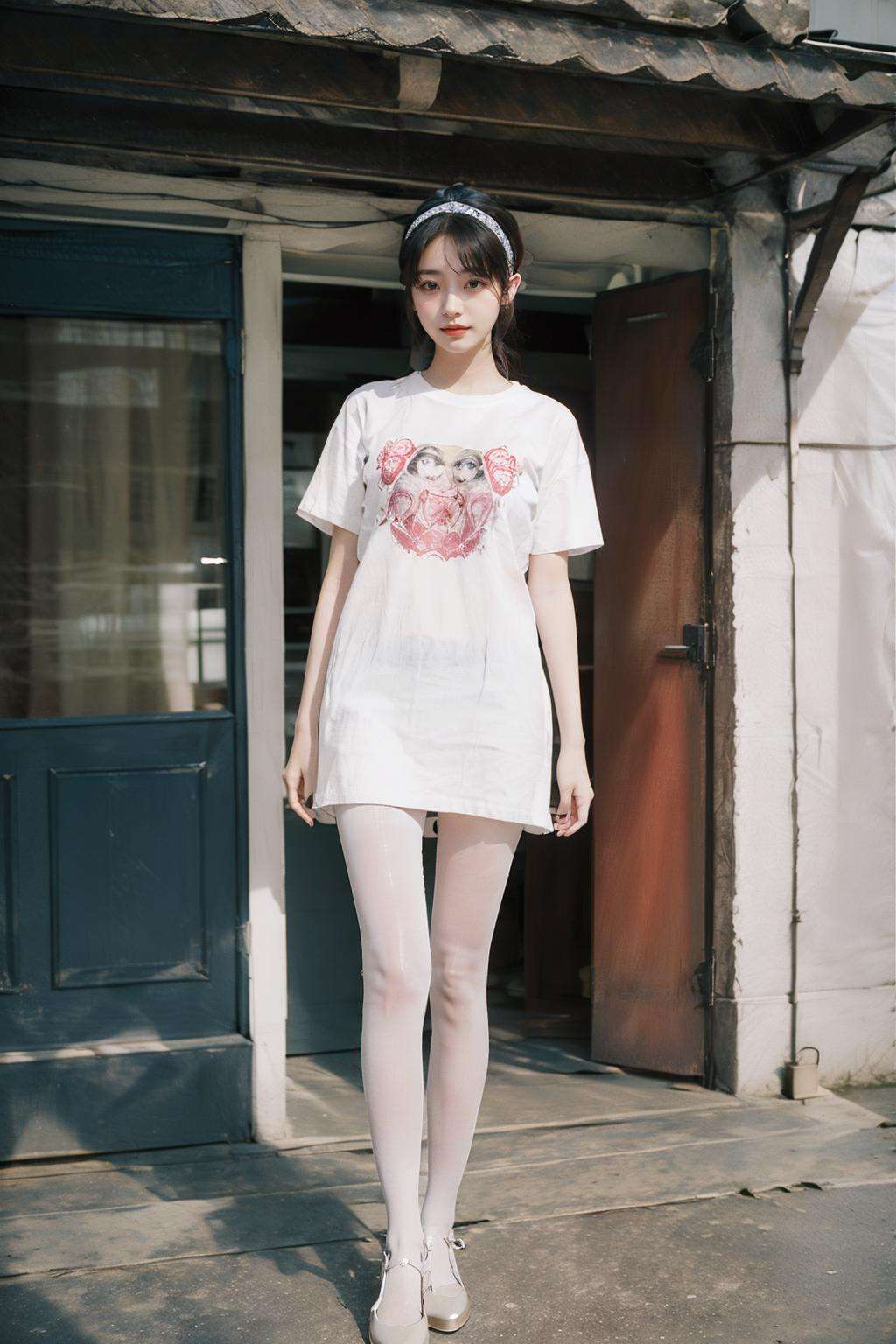 1girl,moyou,full body,tutuwl,<lora:tutuwl:1.5>,smile,(long legs:1.4),T-shirt,