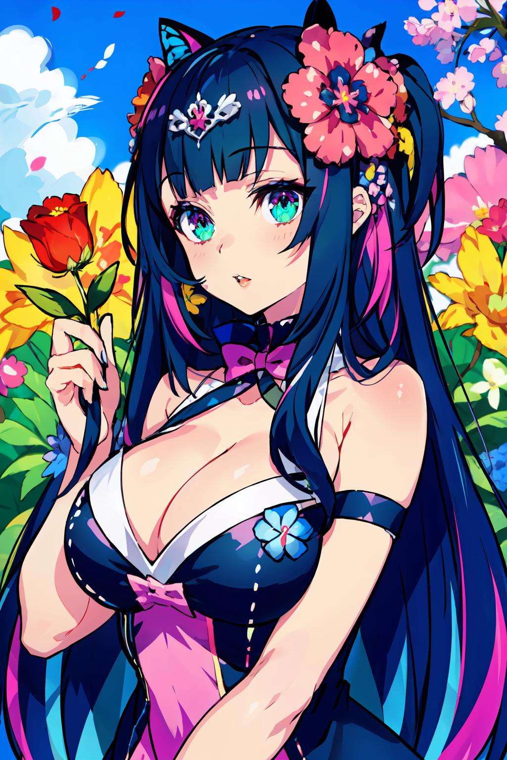 (masterpiece, best quality), ultra detailed, official art,1girl, flower, solo, blue butterfly, butterfly, bug, long hair, blue flower, colorful, pink hair, breasts, looking at viewer, red flower, holding, hair flower, upper body, holding flower, bare shoulders, hair ornament, purple flower, green eyes, parted lips, bangs, multicolored hair, pink flower, dress <lora:col_20230709182603-000020:0.7>