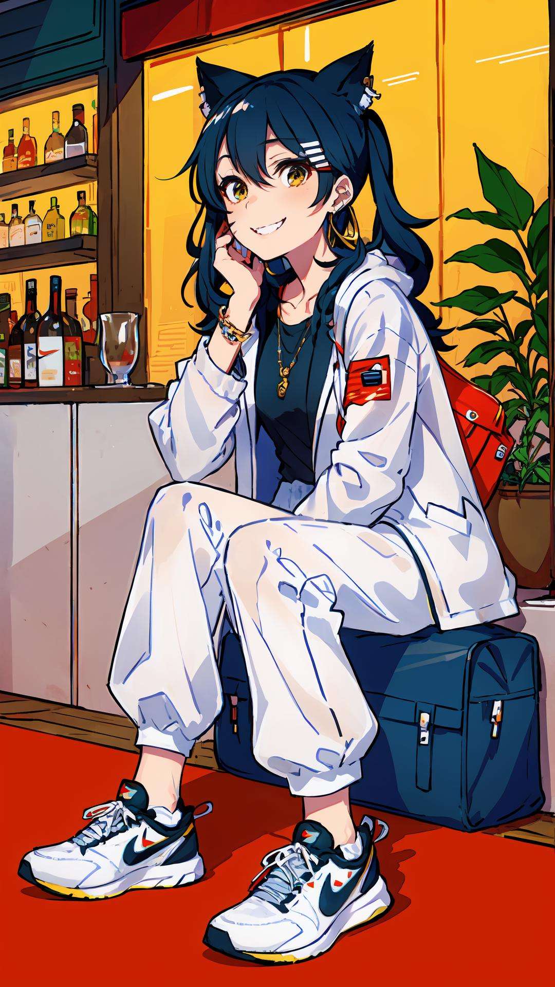 (Masterpiece:1.2), (best quality:1.2),, Night, kemomimi girl, bar, bandit, (skinny:1.2), (depth of field:1.2), smile, looking at viewer, completely detail. earrings, jewelry, pants, shoes, sneakers, hoop earrings, white pants, bag, nike, sitting, full body, plant, long sleeves, jacket, looking at viewer, white jacket <lora:tutu's Vibrant Colors:0.75>