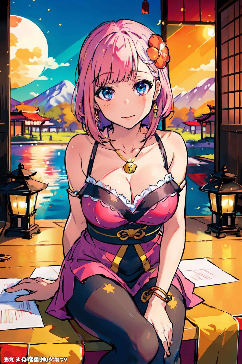 (masterpiece, best quality), ultra detailed, official art, golden hour, (rim lighting):1.2, warm tones, sun flare, soft shadows, vibrant colors, painterly effect, dreamy atmosphere,1girl, solo, looking at viewer,serene expression,long hair, breasts, pink hair, poised posture, porcelain skin, subtle blush, crystal pendant,((pantyhose)),watery eyes,hair ornament, hair flower, paper lantern, bangs, architecture, east asian architecture,outdoors, tassel,col,scenic lake, distant mountains, willow tree, calm water, reflection, sunlit clouds, peaceful ambiance,zentangle, mandala, <lora:col_20230709182603-000020:0.7>